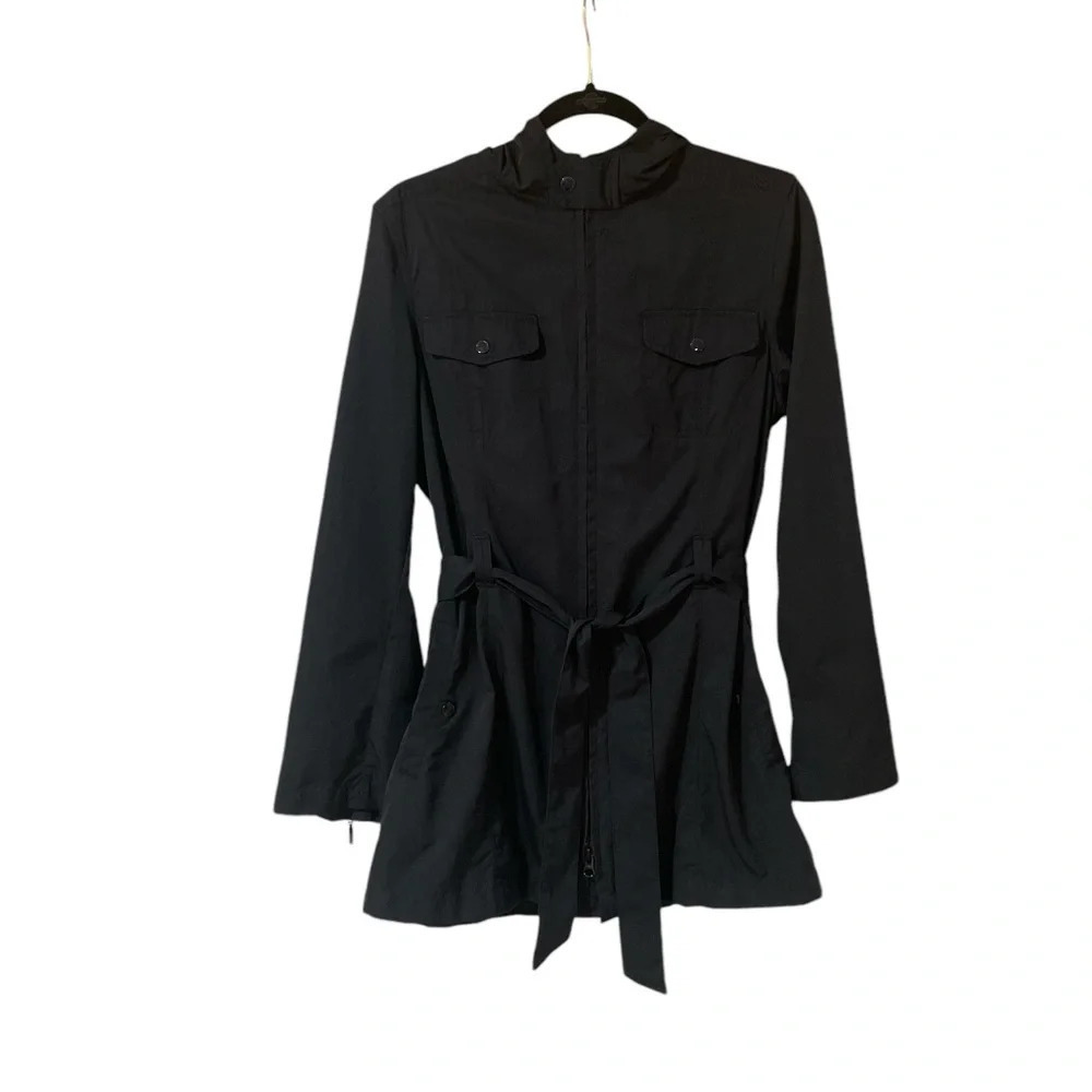 Tommy Bahama Hooded Jacket Size L Black Zipper Belt Pockets Coat Fall Spring